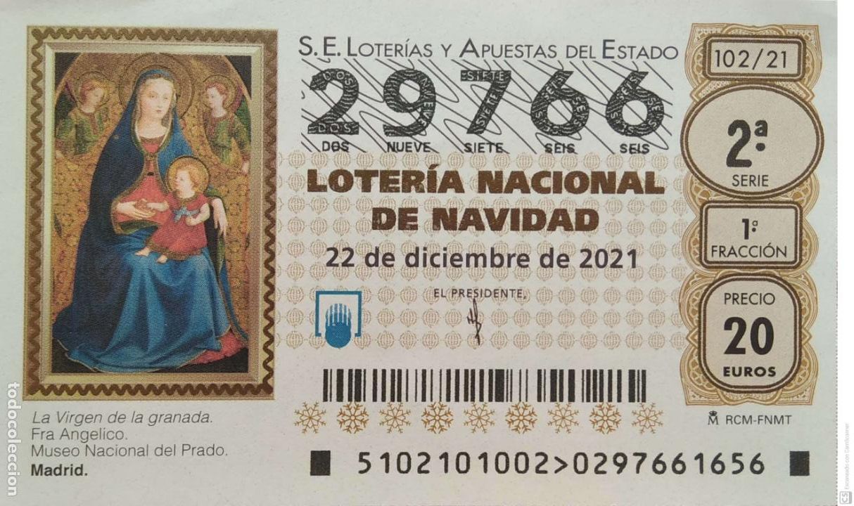 Loter&iacute;a Nacional: Espa&ntilde;a. Loter&iacute;a. 2021. Sorteo: 102 La Virgen de la Granada de Fra Ang&eacute;lico. Museo del Prado. Fecha: