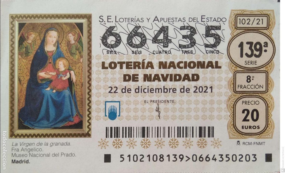Loter&iacute;a Nacional: Espa&ntilde;a. Loter&iacute;a. 2021. Sorteo: 102 La Virgen de la Granada de Fra Ang&eacute;lico. Museo del Prado. Fecha: