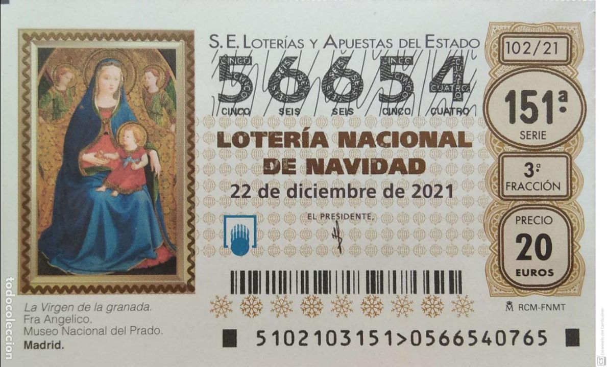Loter&iacute;a Nacional: Espa&ntilde;a. Loter&iacute;a. 2021. Sorteo: 102 La Virgen de la Granada de Fra Ang&eacute;lico. Museo del Prado. Fecha: