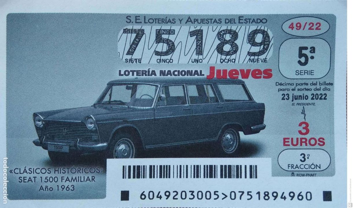 Loter&iacute;a nacional: Espa&ntilde;a. Loter&iacute;a. 2022. Sorteo: 49 Cl&aacute;sicos Hist&oacute;ricos: Seat 1500 Familiar. A&ntilde;o 1963. Fecha: 23 junio
