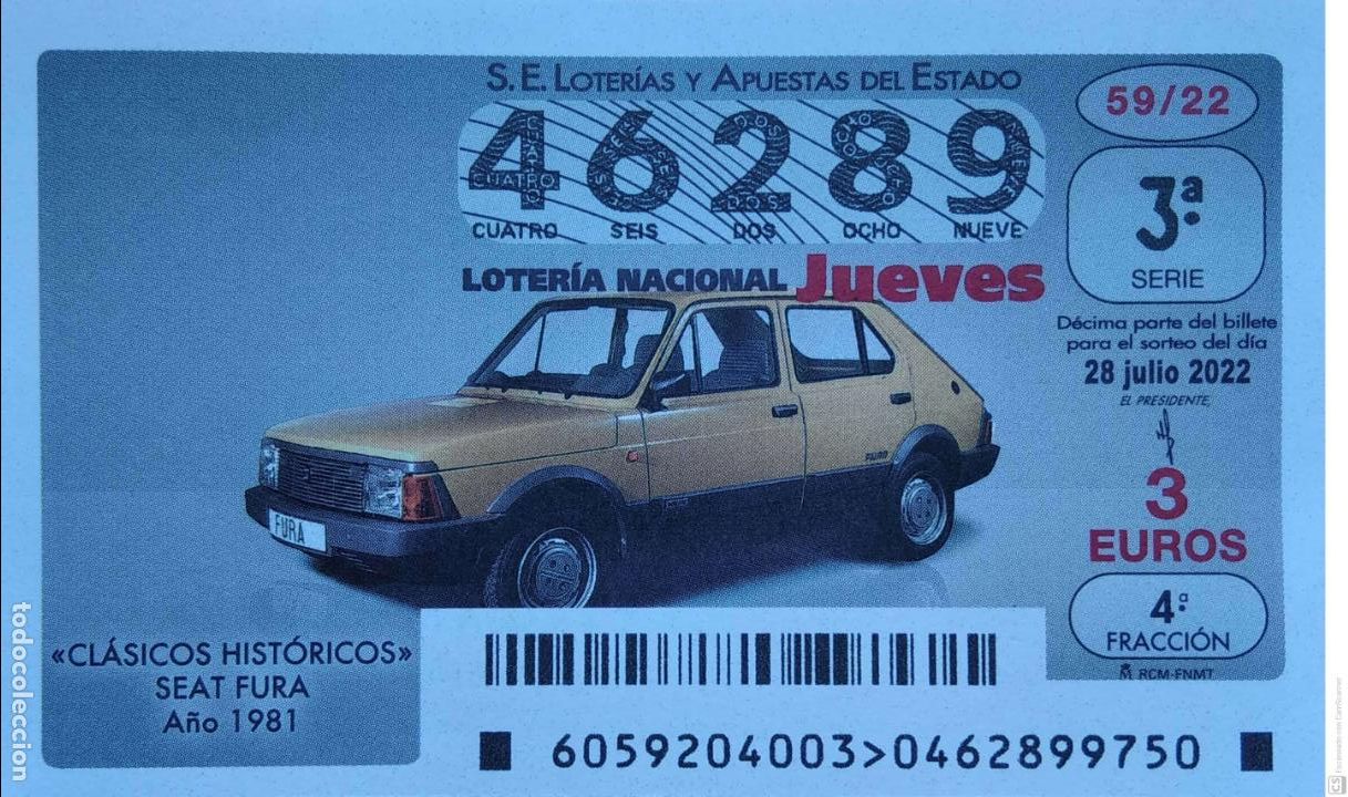 Loter&iacute;a nacional: Espa&ntilde;a. Loter&iacute;a. 2022. Sorteo: 59 Cl&aacute;sicos Hist&oacute;ricos: Seat Fura. A&ntilde;o 1981. Fecha: 28 julio