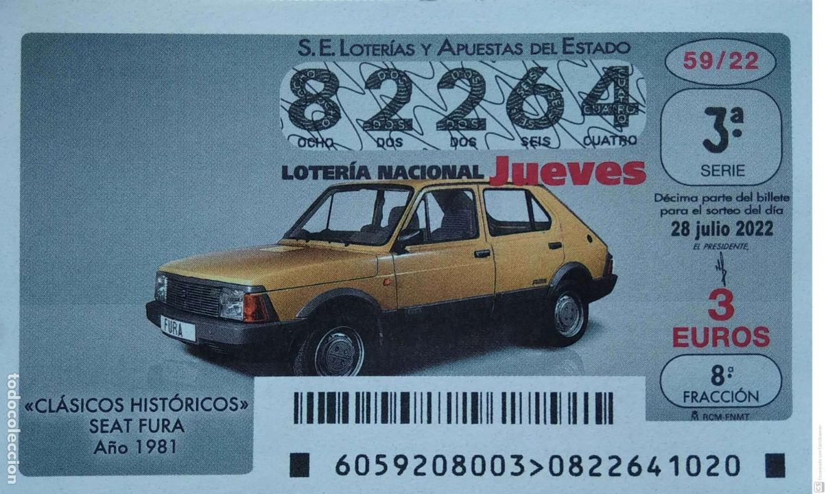 Loter&iacute;a nacional: Espa&ntilde;a. Loter&iacute;a. 2022. Sorteo: 59 Cl&aacute;sicos Hist&oacute;ricos: Seat Fura. A&ntilde;o 1981. Fecha: 28 julio