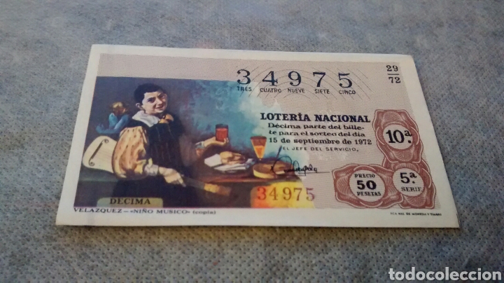 Loter&iacute;a nacional: DECIMO DE LA LOTERIA NACIONAL. SORTEO 15 DE SEPTIEMBRE 1972. 29/72 VELAZQUEZ. EL NI&Ntilde;O MUSICO