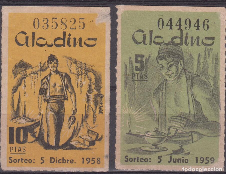 Loter&iacute;a nacional: 2 CUPONES LOTER&Iacute;A ALADINO DE 5 Y 10 PTAS - A&Ntilde;OS 1958-1959