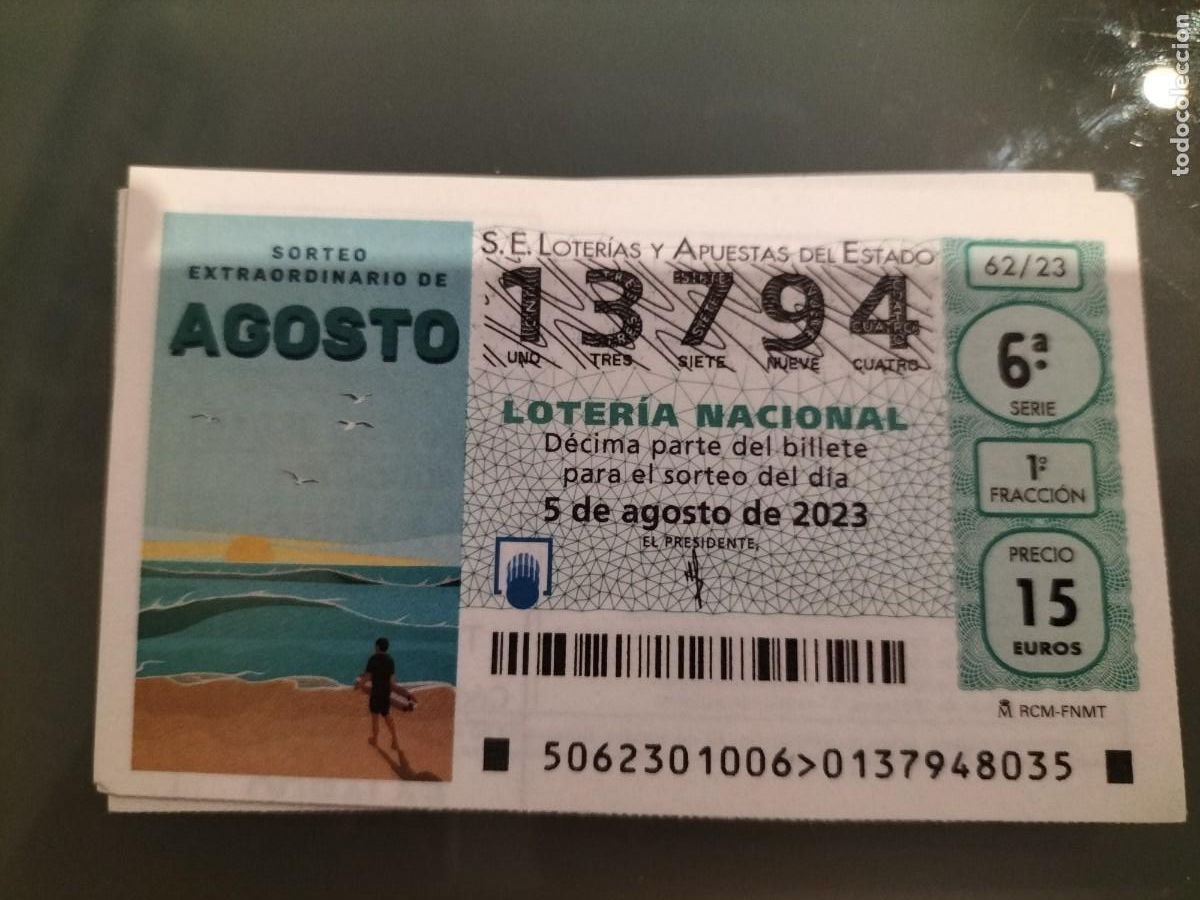 Lotaria Nacional: 1 DECIMO LOTERIA NACIONAL SABADO 5 AGOSTO 2023 62/23 SORTEO EXTRAORDINARIO AGOSTO SURF PLAYA