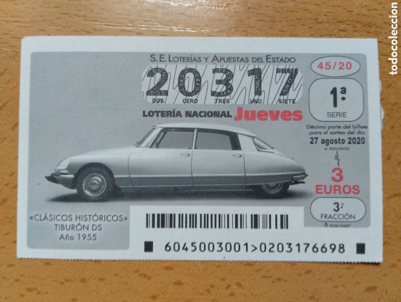 Lotaria Nacional: DECIMO LOTERIA NACIONAL DE LOS JUEVES A&Ntilde;O 2020 SORTEO N&ordm; 45 COCHES CLASICOS HISTORICOS TIBURON DS