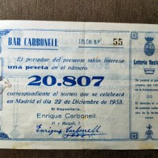Lotería Nacional: ANTIGUA PARTICIPACIÓN DE LOTERÍA. PUBLICIDAD BAR CARBONELL Y EUGENIO JORDÁ DOMENECH. ALCOY 1932