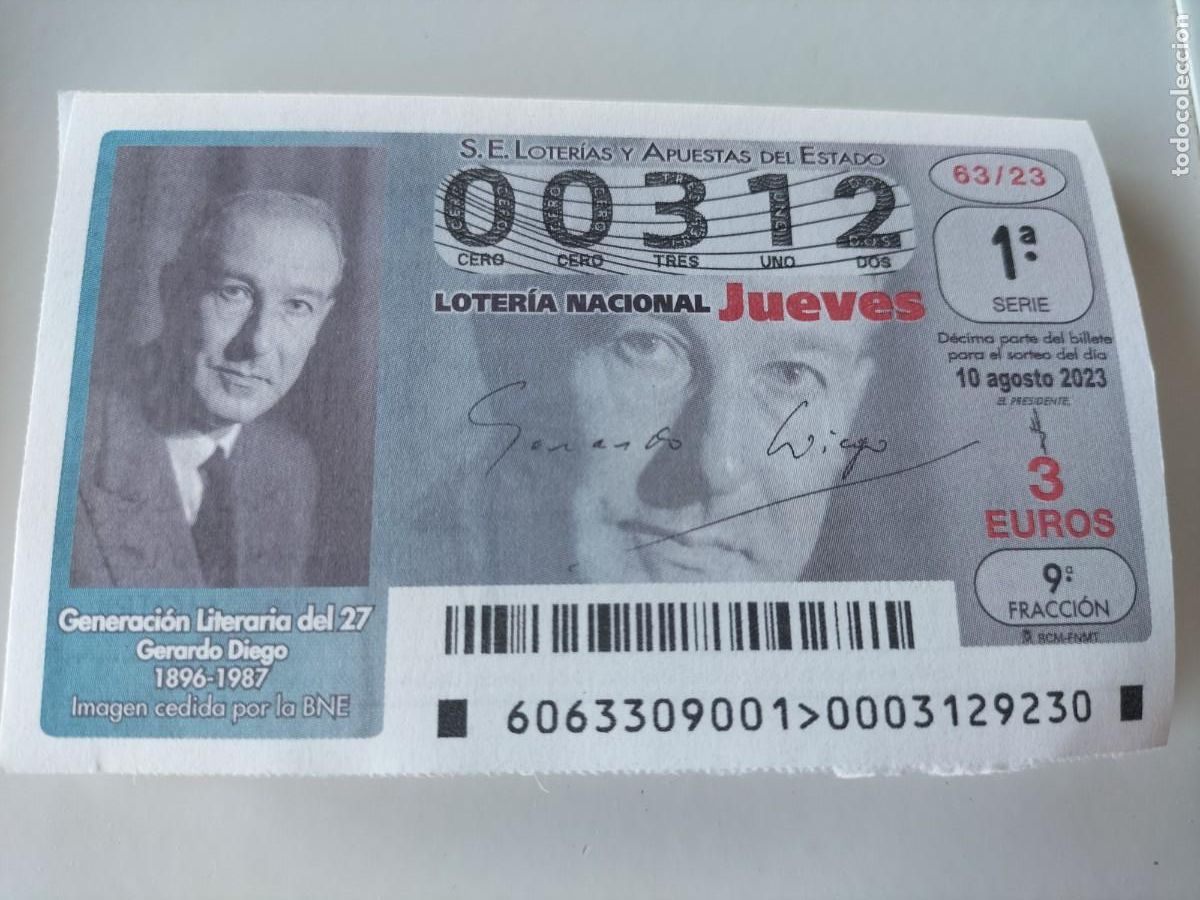 National Spanish Lottery: 1 DECIMO LOTERIA NACIONAL JUEVES 10 AGOSTO 2023 63/23 - GENERACI&Oacute;N LITERARIA DEL 27 - GERARDO DIEGO