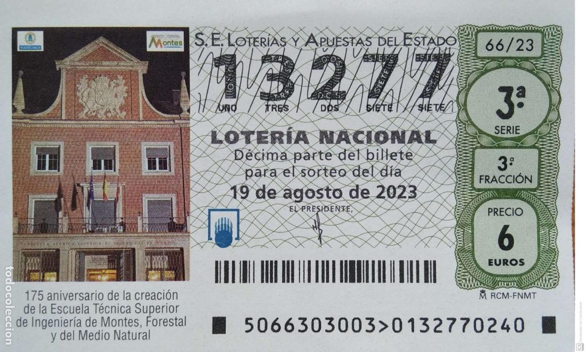 Loter&iacute;a Nacional: Espa&ntilde;a. Loter&iacute;a. 2023. Sorteo: 66 Aniversario creaci&oacute;n de la Escuela T&eacute;cnica Superior de Ingenier&iacute;a