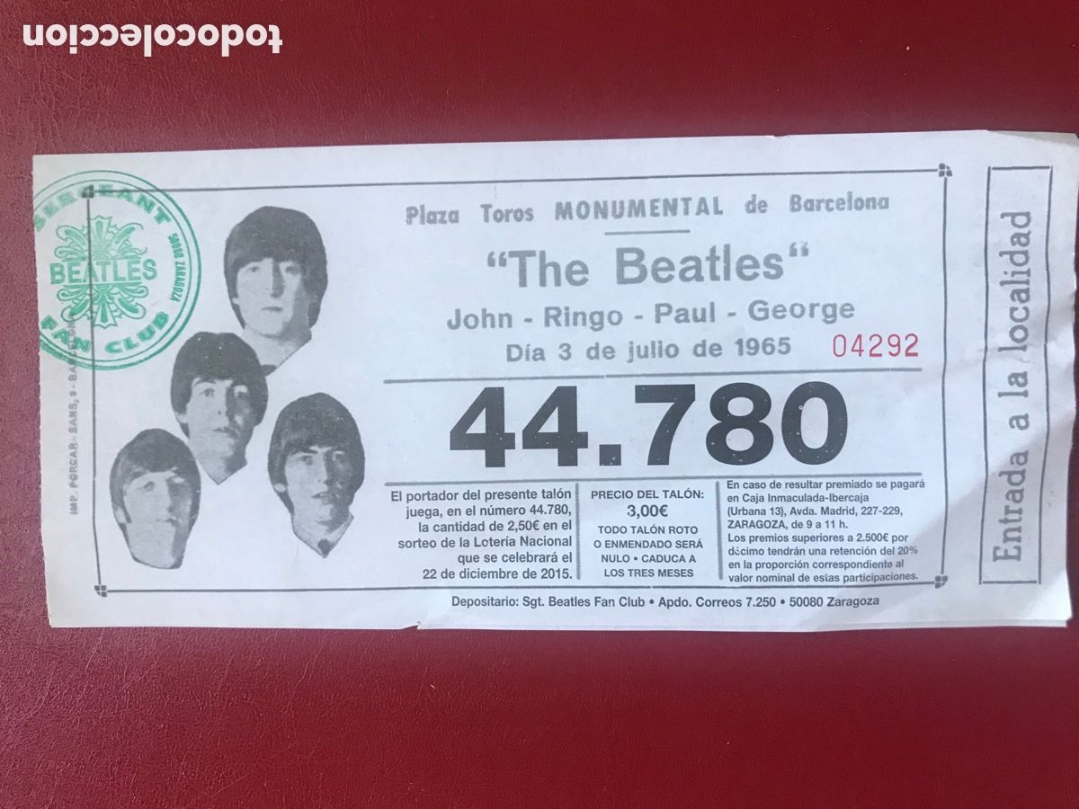 Loter&iacute;a Nacional: THE BEATLES participacion loteria 2015 fan club