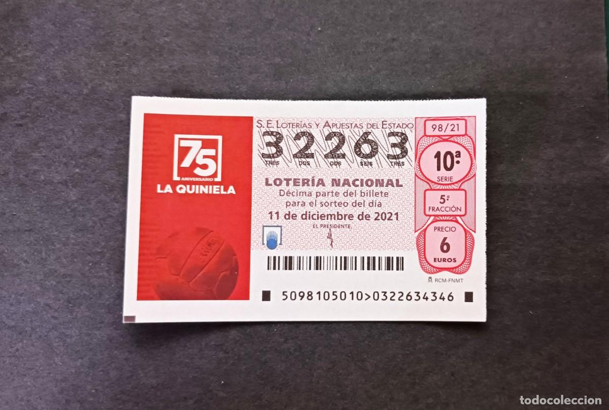 Loter&iacute;a Nacional: D&eacute;cimo 11 Diciembre 2021. 75 Aniv&ordm; de la Quiniela. N&ordm; 32263. Administraci&oacute;n. La Rana de la Suerte.