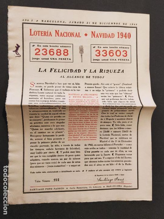 Loter&iacute;a Nacional: LOTERIA NACIONAL NAVIDAD 1940-TALON SANTIAGO PONS PADRO-VER FOTOS-(V-24.644)