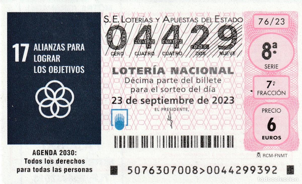 Lotaria Nacional: 1 DECIMO LOTERIA SABADO - 23 SEPTIEMBRE 2023 - 76/23 - AGENDA 2030 TODOS LOS DERECHOS PARA LAS PERSO