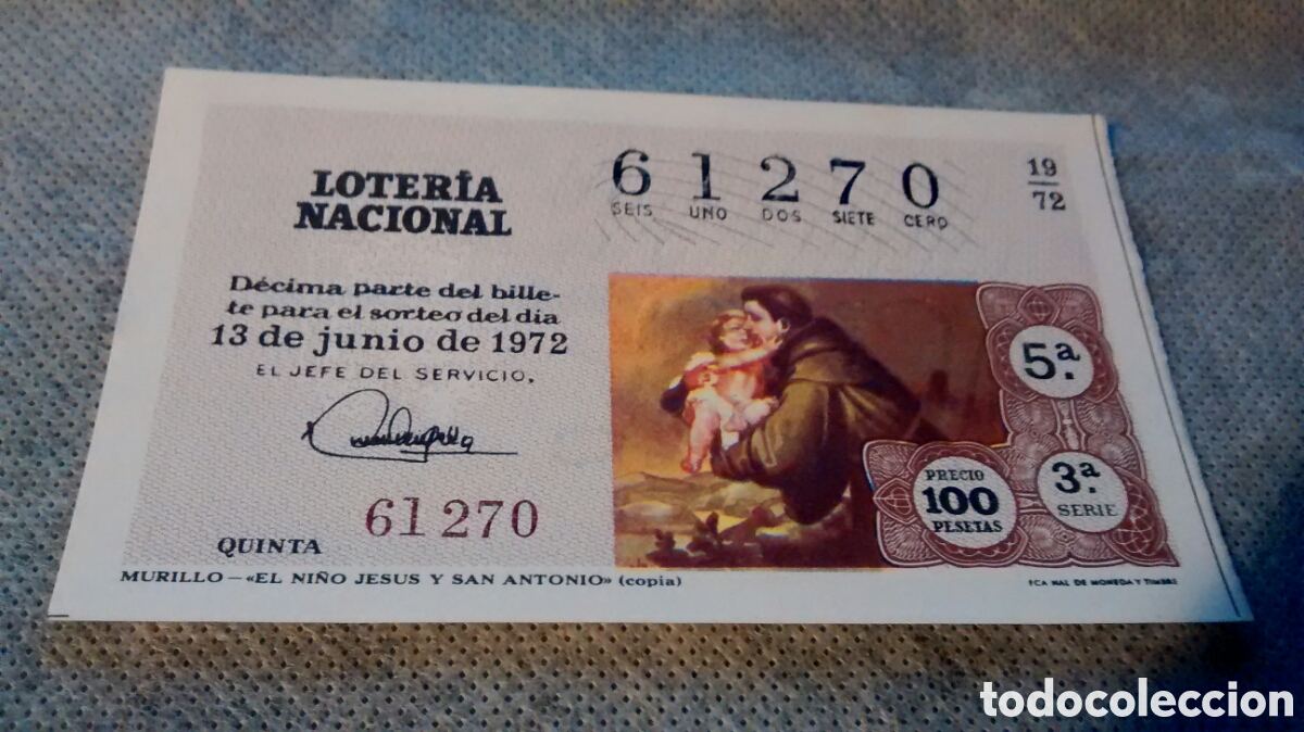 Loter&iacute;a nacional: DECIMO DE LA LOTERIA NACIONAL. SORTEO 13 JUNIO 1972 19/72 EL NI&Ntilde;O JESUS Y SAN ANTONIO