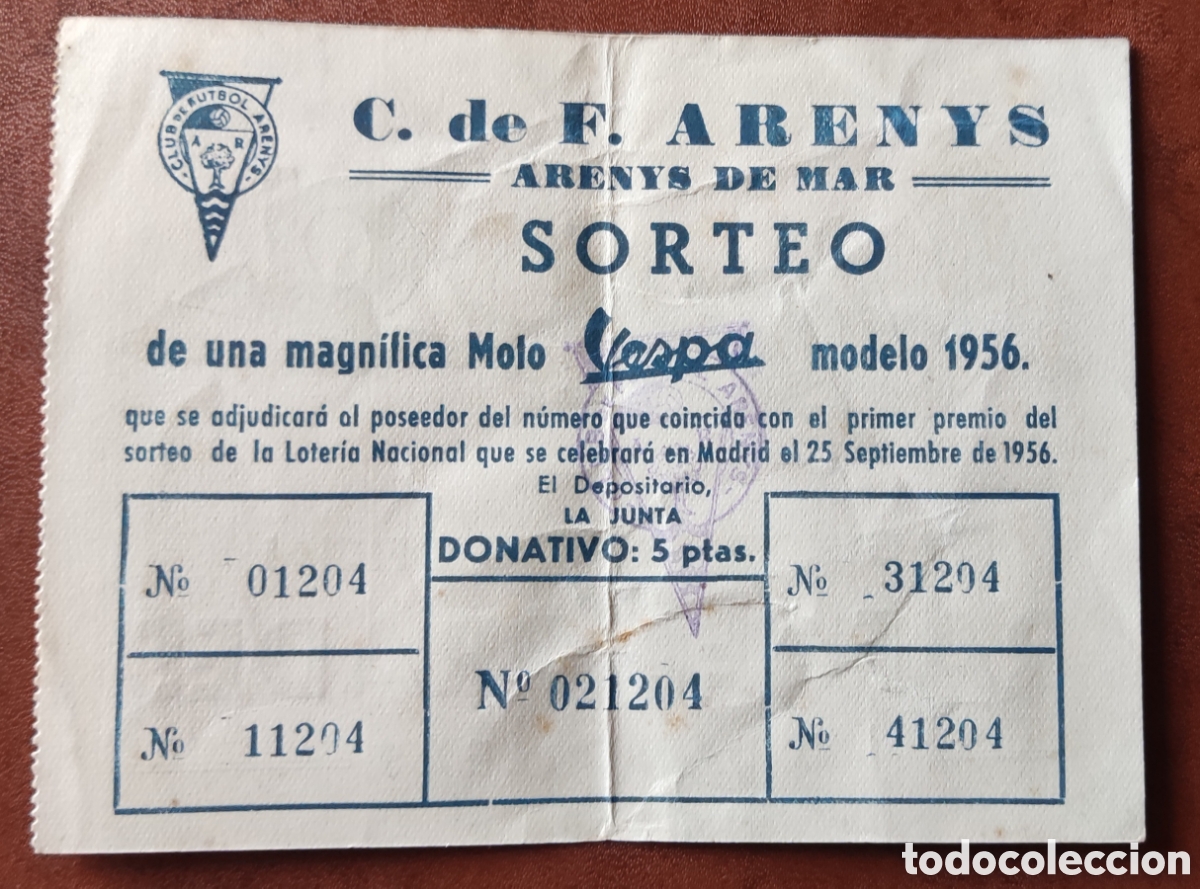 Loter&iacute;a Nacional: Club de f&uacute;tbol Arenys de Mar Sorteo Vespa Madrid 1956
