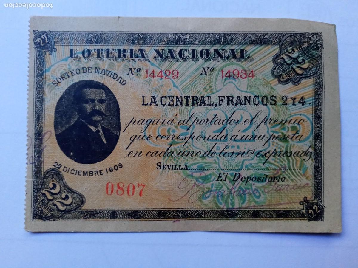 Nationale spanische Lotterie: PARTICIPACION LOTERIA NACIONAL 19O9 DE LA CENTRAL , FRANCOS 2 Y 4 . SEVILLA