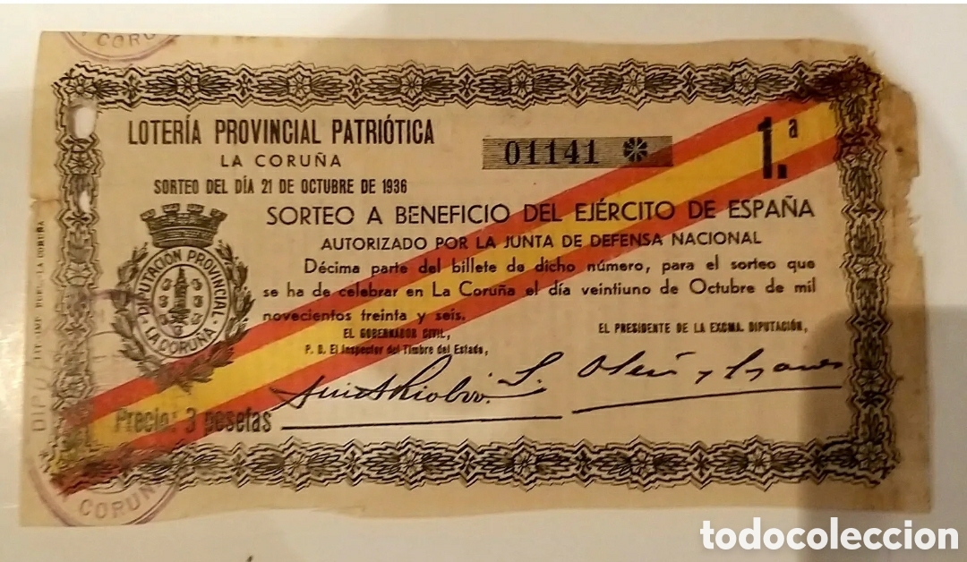 Loter&iacute;a nacional: Loter&iacute;a Provincial Patri&oacute;tica.&nbsp; La Coru&ntilde;a. 1936.