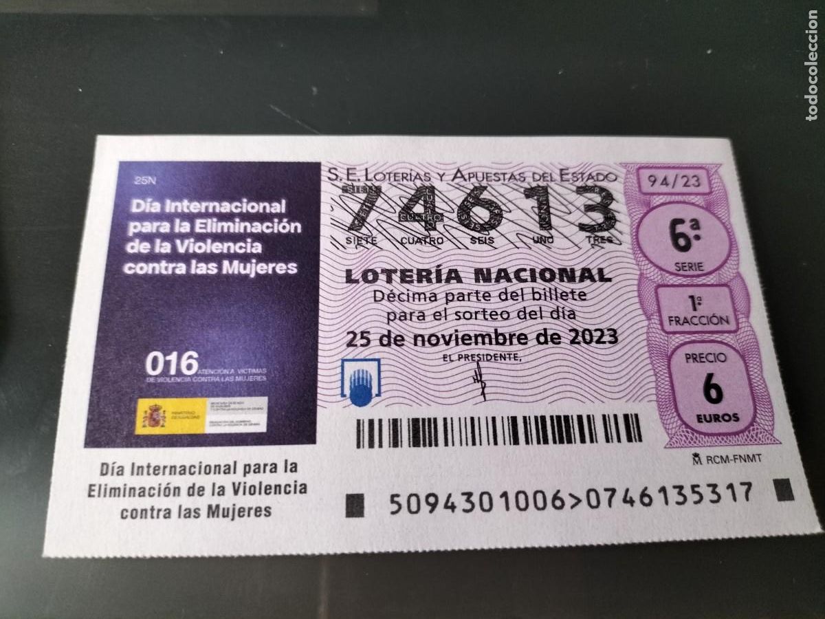 Lotaria Nacional: 1 DECIMO LOTERIA NACIONAL SABADO 25 NOVIEMBRE 2023 94/23 DIA CONTRA LA VIOLENCIA MUJERES