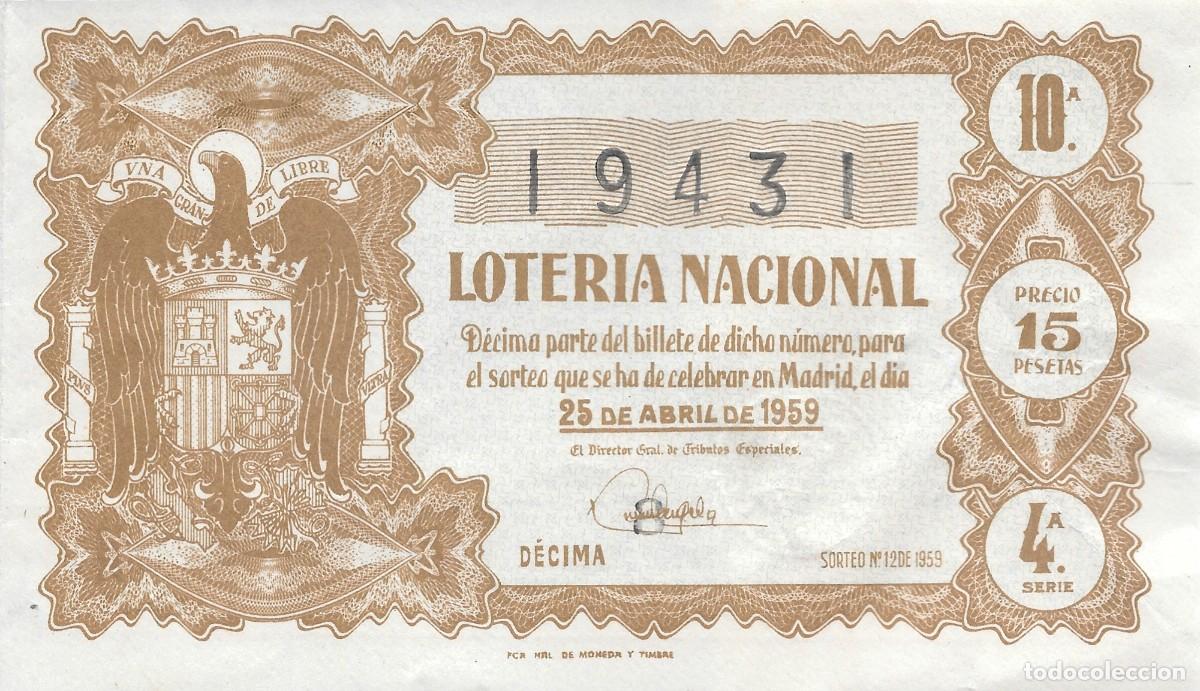 National Spanish Lottery: LOTER&Iacute;A NACIONAL. SORTEO 12 DE 1959