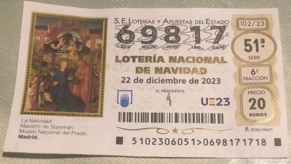 Loter&iacute;a Nacional: Loter&iacute;a de Navidad. 22 de Diciembre de 2023. N&ordm; 69817. Sello de Arco Macarena, Sevilla.
