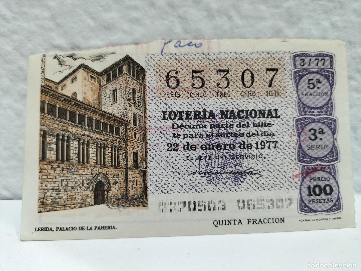 Lotteria Nationale Spagnola: 1 DECIMO LOTERIA SABADO 22 ENERO 1977 3/77 PALACIO DE LA PAHERIA ( LERIDA - LLEIDA -COLOR MORADO