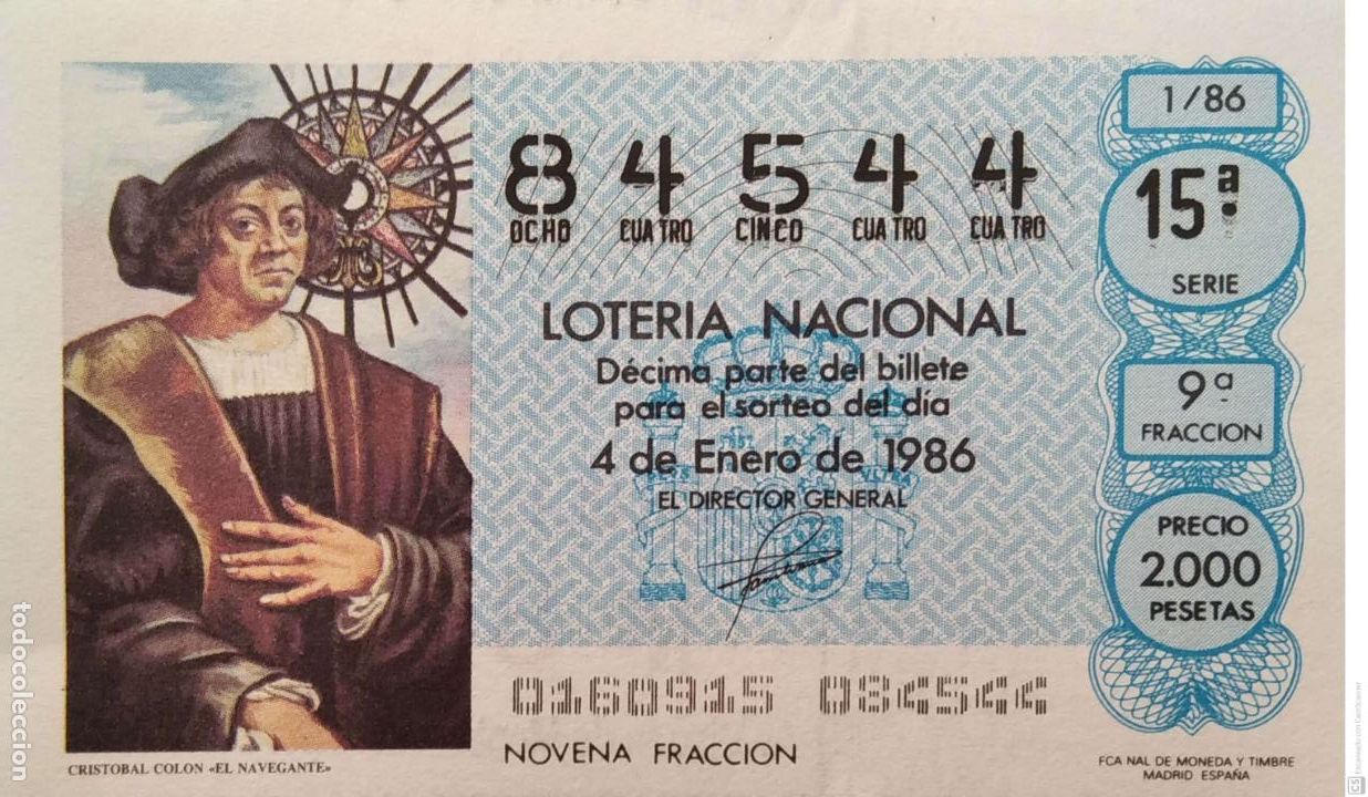 Loter&iacute;a Nacional: Espa&ntilde;a. Loter&iacute;a. 1986. Sorteo: 1 Crist&oacute;bal Col&oacute;n, El Navegante. Fecha: 4 enero.