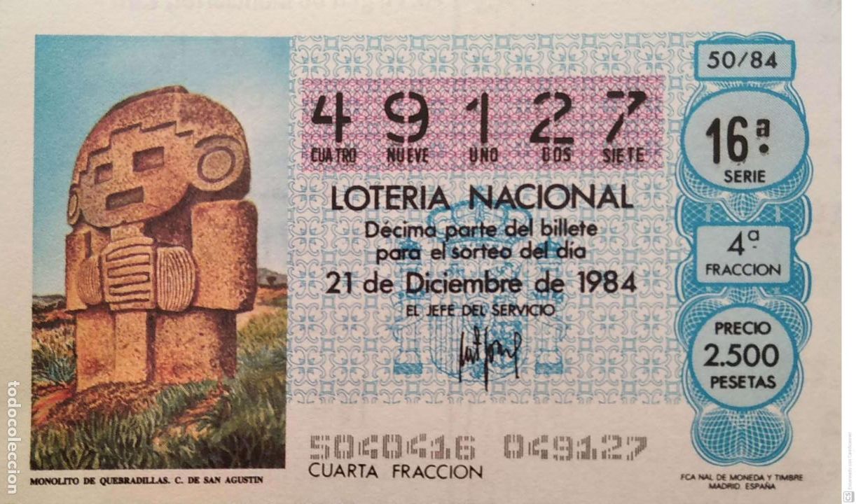 Loter&iacute;a Nacional: Espa&ntilde;a. Loter&iacute;a. 1984. Sorteo: 50 Monolito de Quebradillas. C. de San Agust&iacute;n. Fecha: 21 diciembre