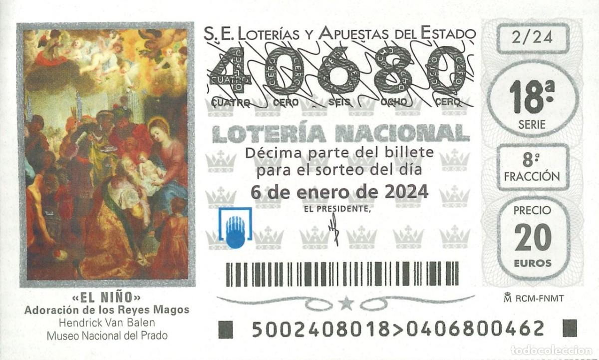 Loter&iacute;a Nacional: LOTERIA NACIONAL - 40680 - 6 ENERO 2024 - EL NI&Ntilde;O - ADORACION DE LOS REYES MAGOS - MUSEO EL PRADO