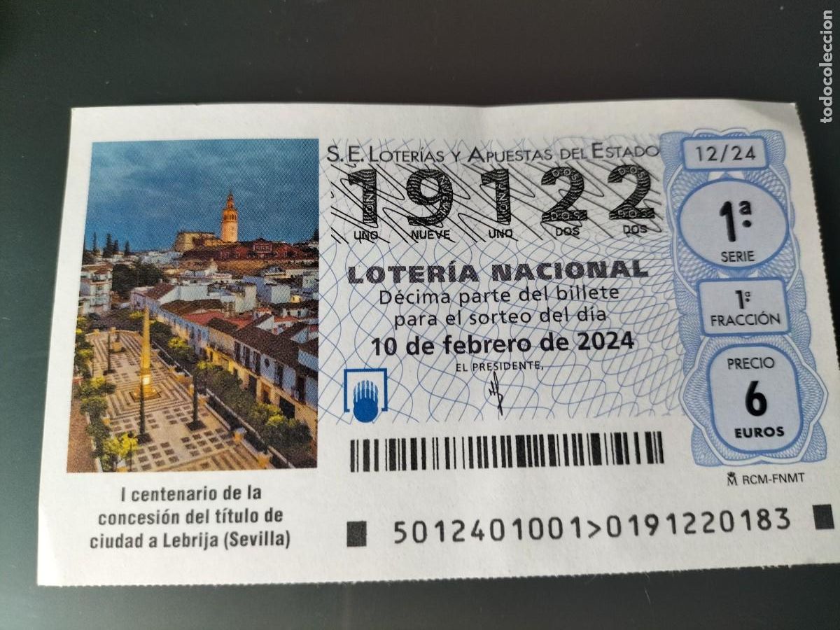 National Spanish Lottery: 1 DECIMO LOTERIA NACIONAL SABADO 10 FEBRERO 2024 12/24 LEBRIJA( SEVILLA CENT CONCESION TITULO CIUDAD