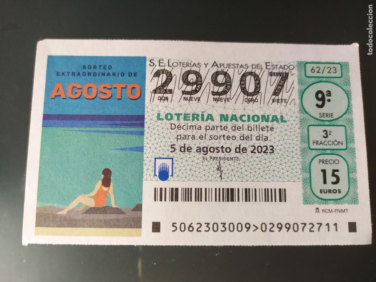 National Spanish Lottery: 1 DECIMO LOTERIA NACIONAL SABADO 5 AGOSTO 2023 - 62/23 SORTEO EXTRAORDINARIO AGOSTO PLAYA