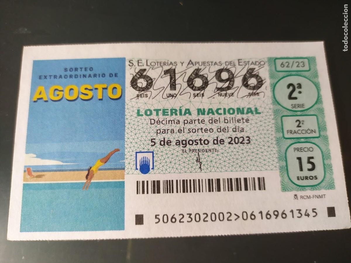 National Spanish Lottery: 1 DECIMO LOTERIA NACIONAL SABADO 5 AGOSTO 2023 - 62/23 SORTEO EXTRAORDINARIO AGOSTO PISCINA