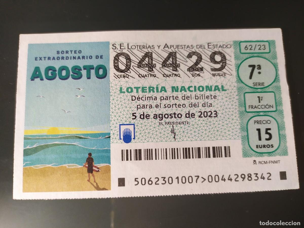 National Spanish Lottery: 1 DECIMO LOTERIA NACIONAL SABADO 5 AGOSTO 2023 - 62/23 SORTEO EXTRAORDINARIO AGOSTO SURF PLAYA