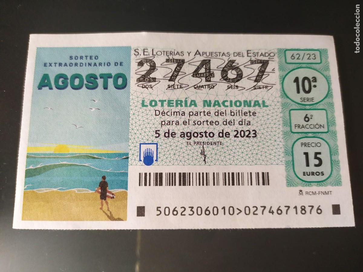 National Spanish Lottery: 1 DECIMO LOTERIA NACIONAL SABADO 5 AGOSTO 2023 - 62/23 SORTEO EXTRAORDINARIO AGOSTO SURF PLAYA