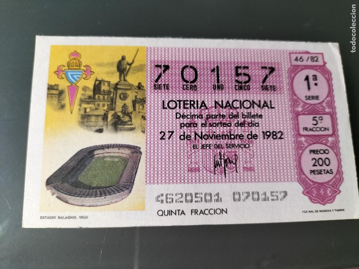 Loterie Nationale: 1 DECIMO LOTERIA DEL SABADO - 27 NOVIEMBRE 1982 - 46/82 - ESTADIO BALAIDOS R.C CELTA VIGO