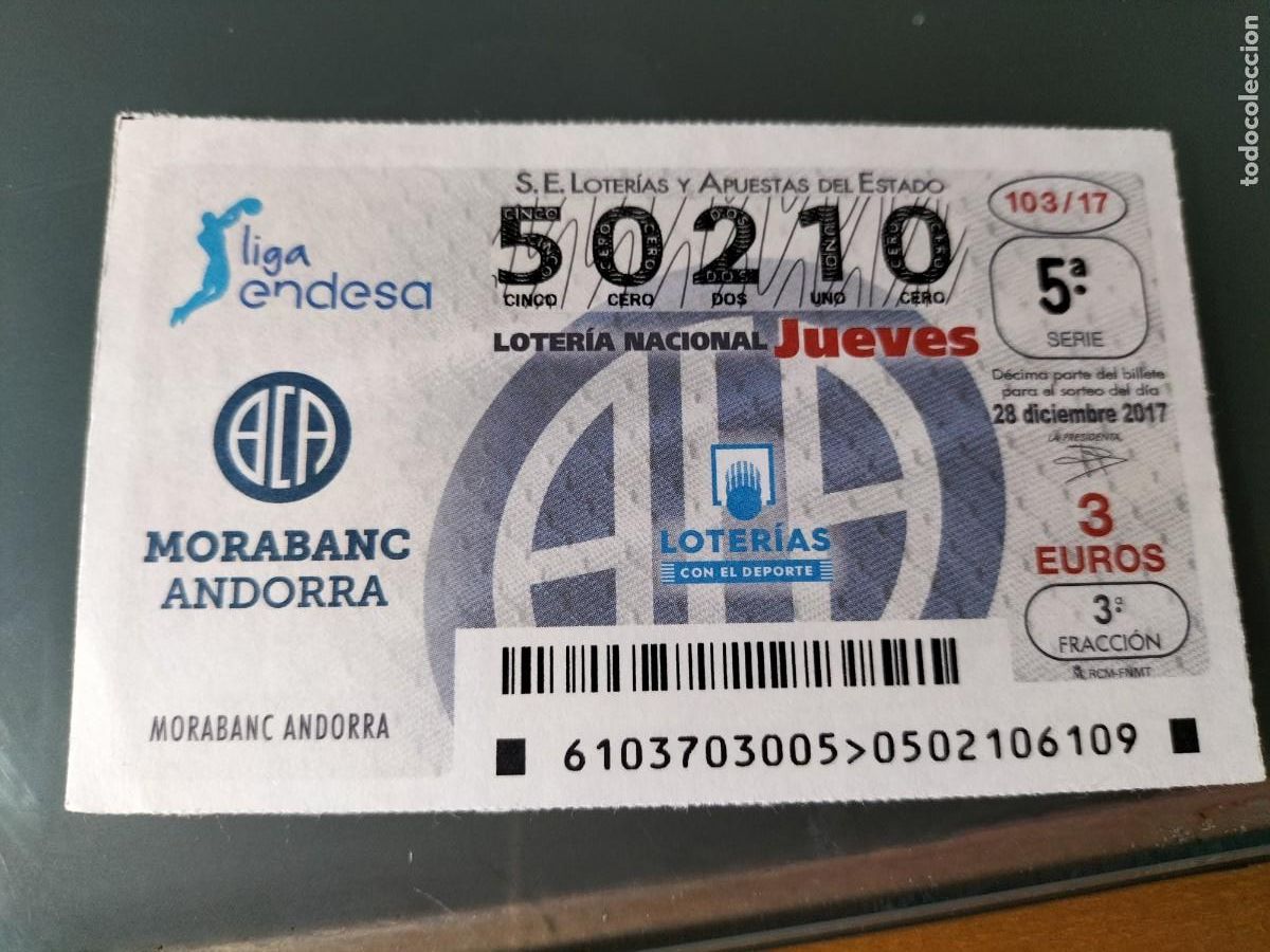 National Spanish Lottery: 1 DECIMO LOTERIA JUEVES - 28 DICIEMBRE 2017 - 103/17 - LIGA ENDESA BALONCESTO - MORABANC ANDORRA
