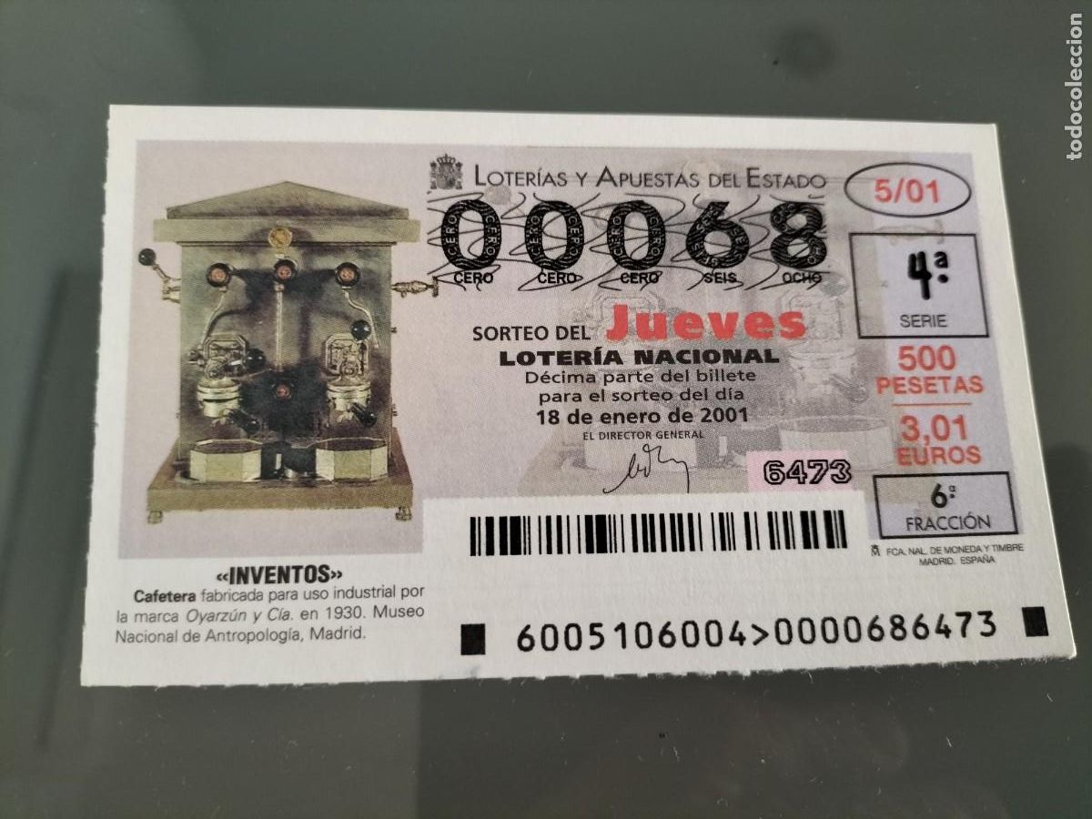Lotteria Nationale Spagnola: 1 DECIMO LOTERIA DEL JUEVES -- 18 ENERO 2001 - 5/01 - INVENTOS - CAFETERA (MUSEO DE ANTROPOLOGIA)