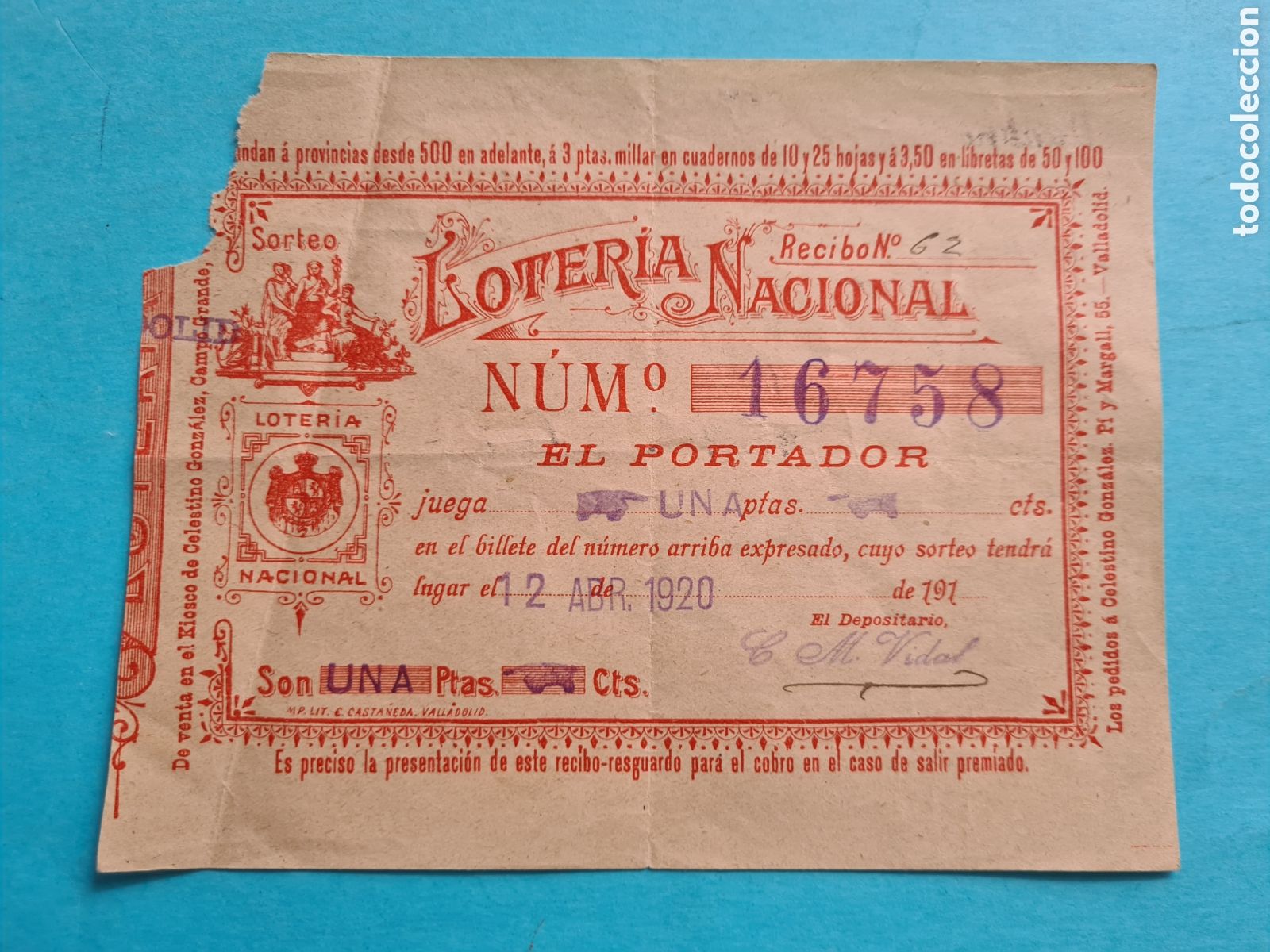 Loterie Nationale: LOTERIA NACIONAL- 12 ABRIL 1920 - RECIBO PARTICIPACION DE UNA PESETA