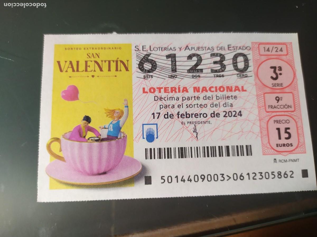 National Spanish Lottery: 1 DECIMO LOTERIA NACIONAL SABADO 17 FEBRERO 2024 - 14/24 SAN VALENTIN ( FONDO AMARILLO