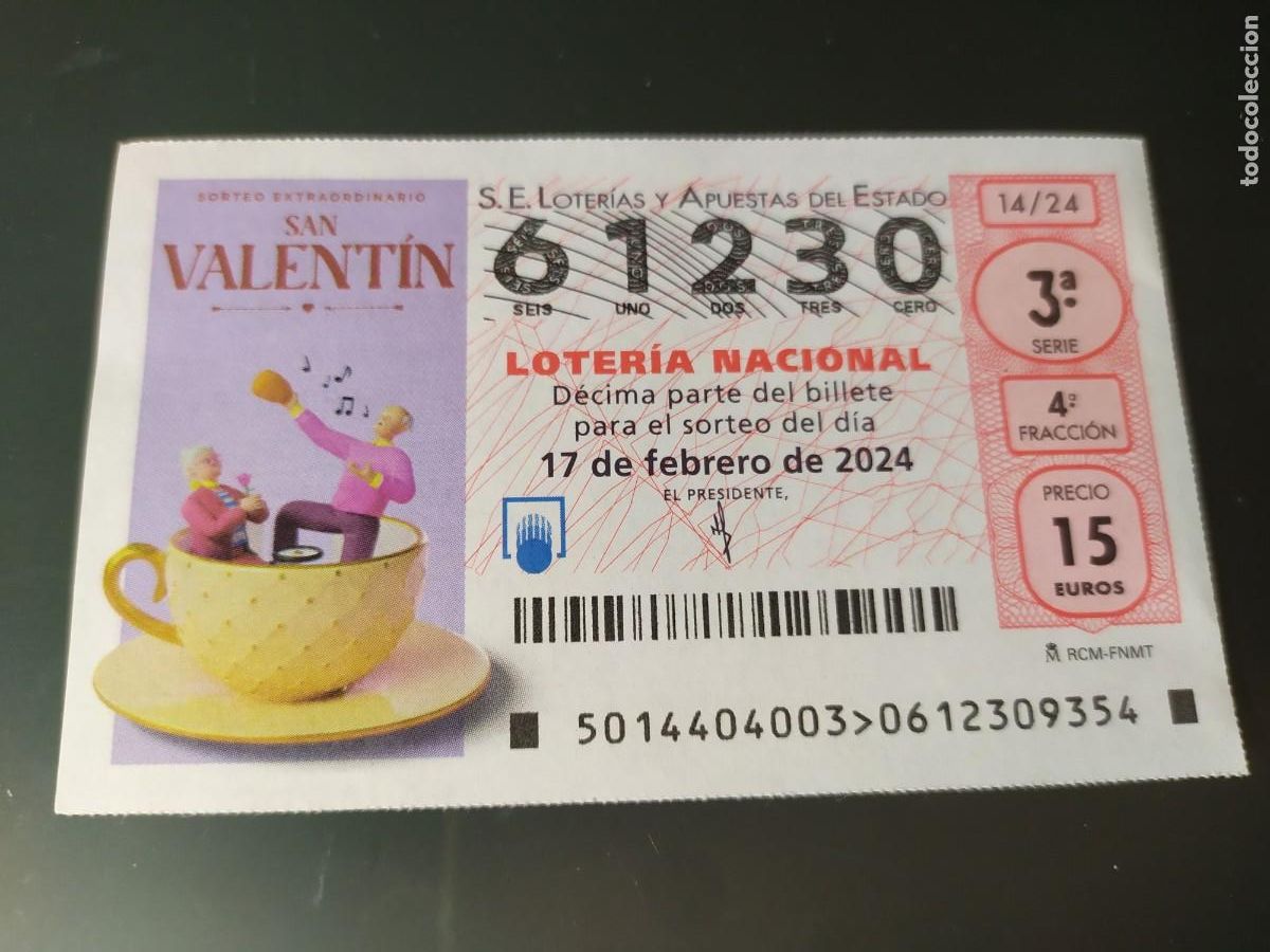 National Spanish Lottery: 1 DECIMO LOTERIA NACIONAL SABADO 17 FEBRERO 2024 - 14/24 SAN VALENTIN ( FONDO LILA