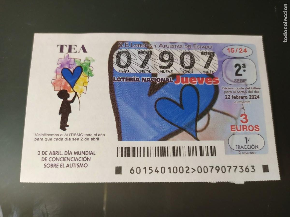 National Spanish Lottery: 1 DECIMO LOTERIA NACIONAL JUEVES 22 FEBRERO 2024 - 15/24 DIA DE CONCIENCIACION DEL AUTISMO