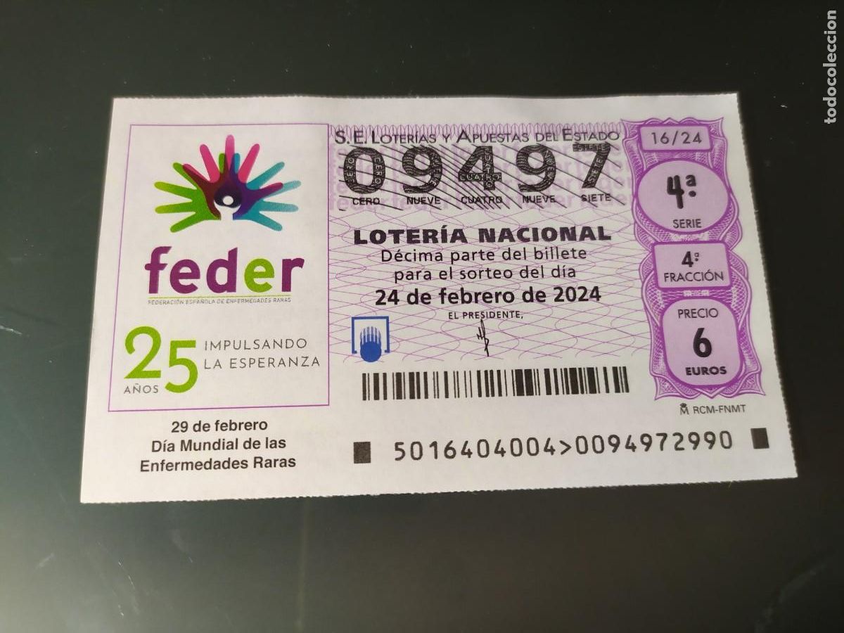 National Spanish Lottery: 1 DECIMO LOTERIA NACIONAL SABADO 2 FEBRERO 2024 16/24 - DIA MUNDIAL DE LAS ENFERMEDADES RARAS