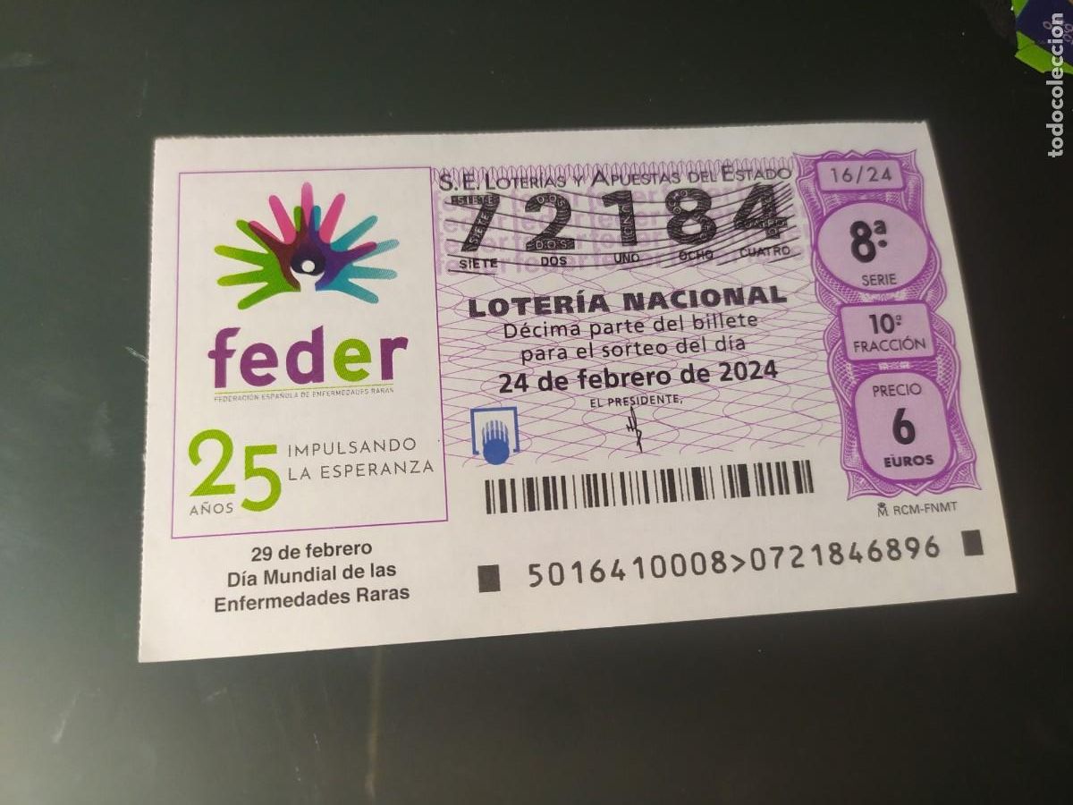 National Spanish Lottery: 1 DECIMO LOTERIA NACIONAL SABADO 2 FEBRERO 2024 16/24 - DIA MUNDIAL DE LAS ENFERMEDADES RARAS