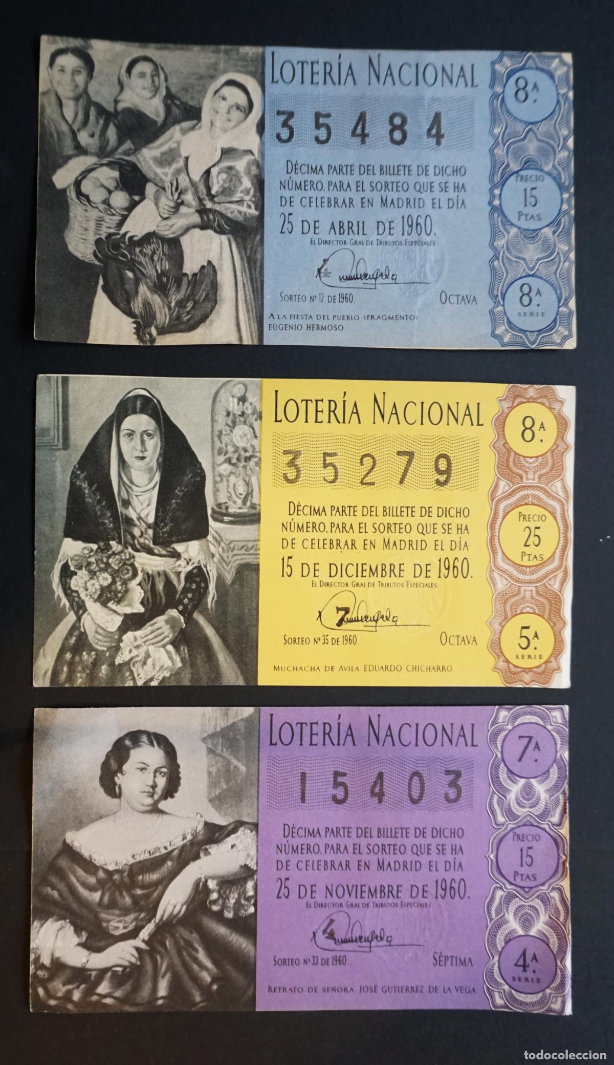 National Spanish Lottery: 3 decimos de Loteria Nacional del a&ntilde;o 1960, ver fotografias