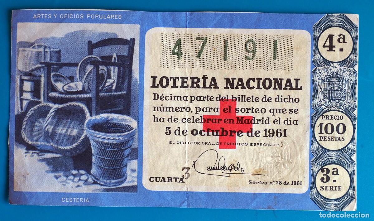 National Spanish Lottery: D&Eacute;CIMO DE LOTER&Iacute;A: LOTERIA NACIONAL. ADM&Oacute;N DE LOTERIAS BELLO. VALENCIA. 5 DE OCTUBRE 1961
