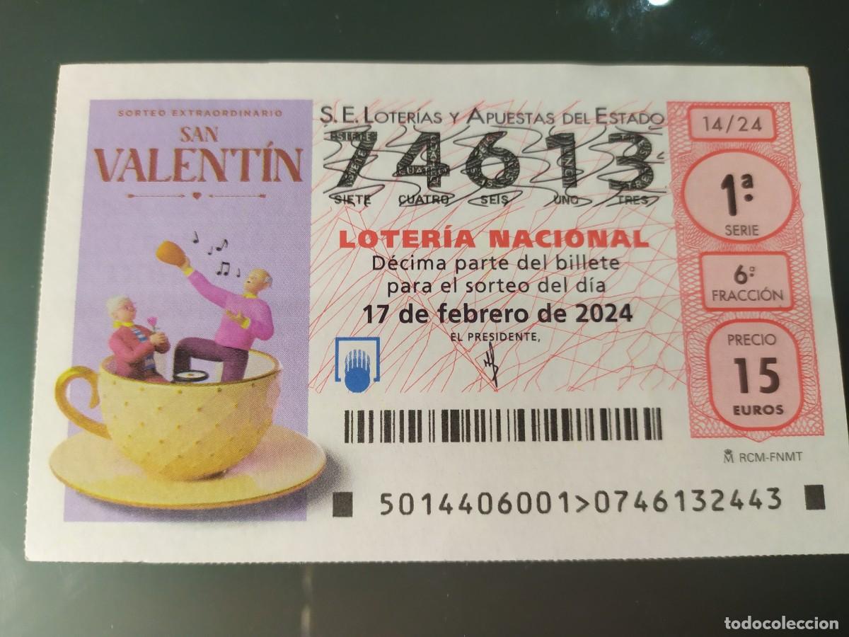 Lotaria Nacional: 1 DECIMO LOTERIA NACIONAL SABADO 17 FEBRERO 2024 - 14/24 SAN VALENTIN ( FONDO LILA