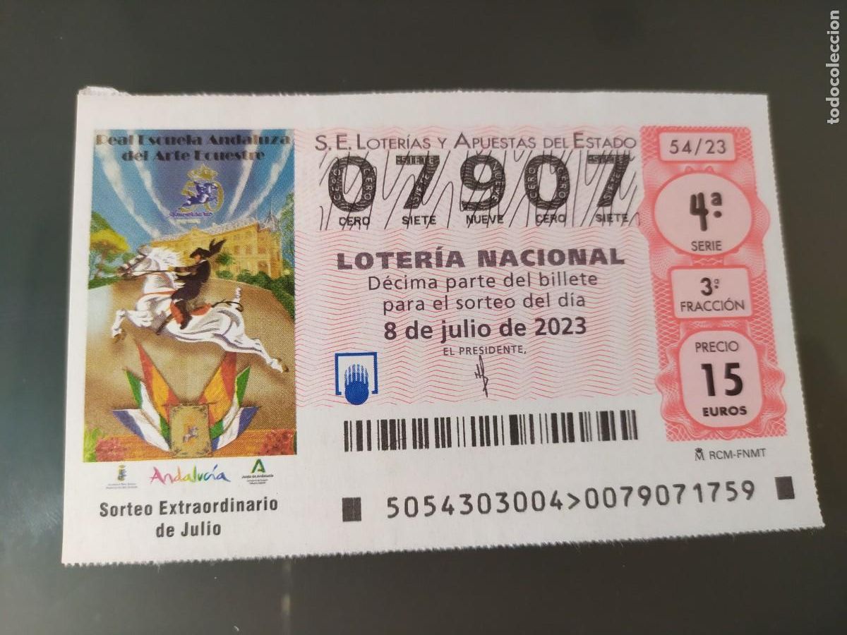Lotaria Nacional: 1 DECIMO LOTERIA NACIONAL SABADO 8 JULIO 2023 54/23 HIPICA CABALLOS ESCUELA ANDALUZA ARTE ECUESTRE