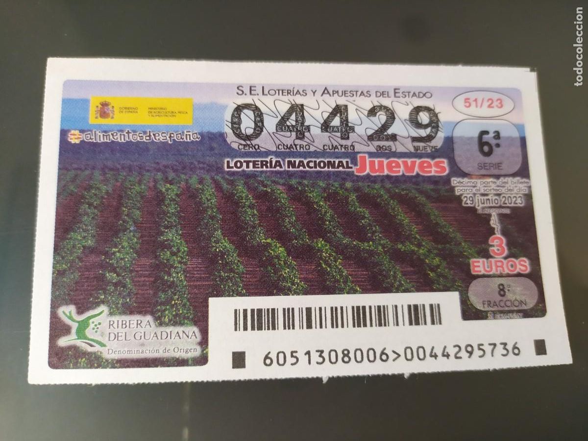 Lotteria Nationale Spagnola: 1 DECIMO LOTERIA NACIONAL JUEVES 29 JUNIO 2023 51/23 - RIBERA DEL GUADIANA DENOMINACI&Oacute;N ORIGEN