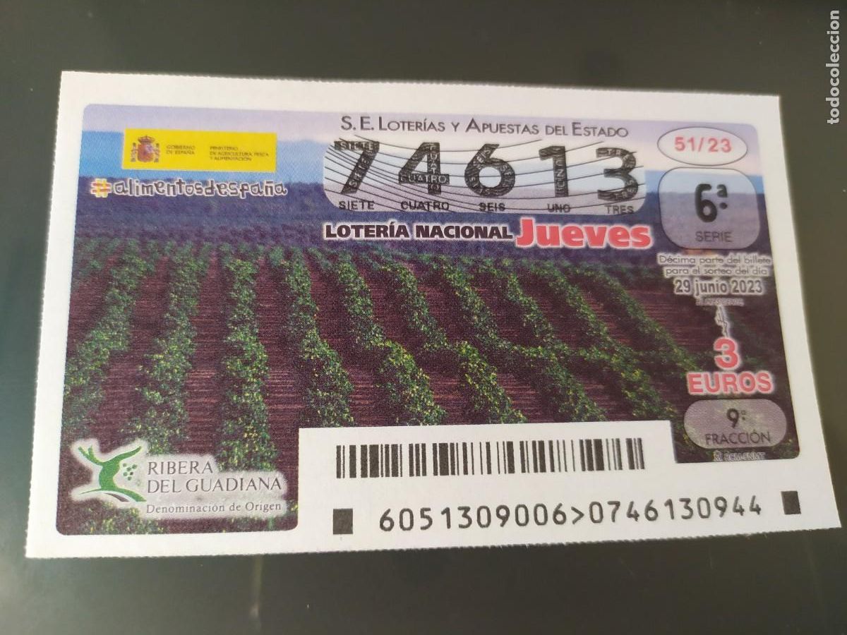 Lotteria Nationale Spagnola: 1 DECIMO LOTERIA NACIONAL JUEVES 29 JUNIO 2023 51/23 - RIBERA DEL GUADIANA DENOMINACI&Oacute;N ORIGEN