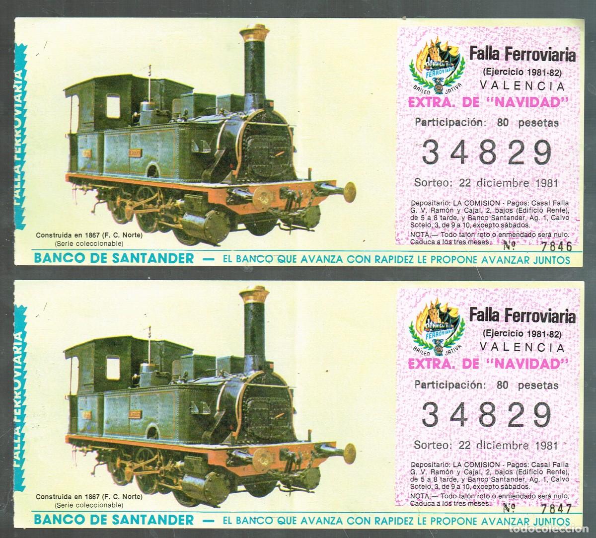 Nationale spanische Lotterie: 1981/82 FALLA FERROVIARIA VALENCIA 4 BOLETOS sorteo 22/12/81 34829 - parti. 7846, 7847, 7848, 7849