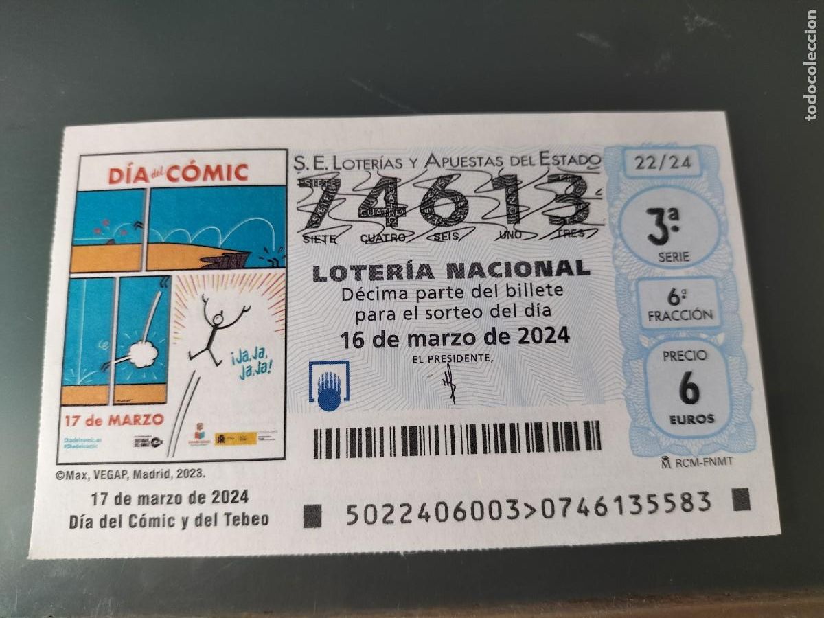 Nationale spanische Lotterie: 1 DECIMO LOTERIA NACIONAL SABADO 16 MARZO 2024 22/24 - DIA DEL COMIC Y DEL TEBEO
